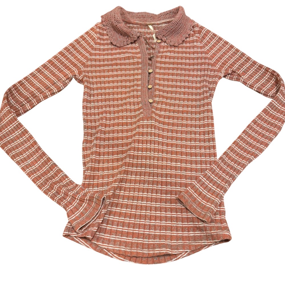 Free People Delilah Ribbed Striped Top Crochet Collar Henley Terracotta S